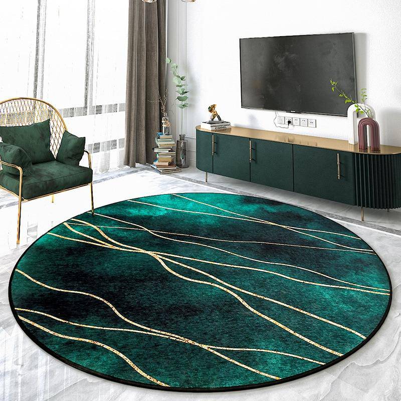 Tapis moderne rond vert et doré style abstrait