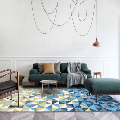 Scandinavian geometric rectangle carpet with blue and yellow triangles