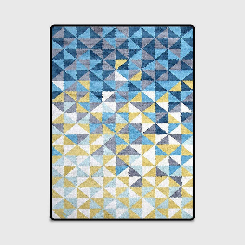 Scandinavian geometric rectangle carpet with blue and yellow triangles