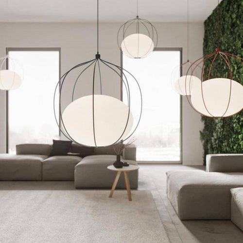 pendant light LED design in colored cage with Hang glass light sphere