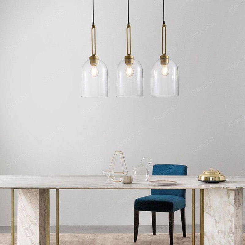 pendant light LED design with rounded glass and gold ring