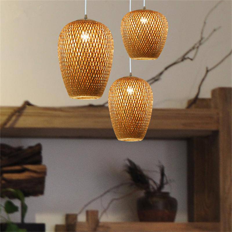 Lámpara de suspensión Ratán LED con varias formas redondeadas Bambú