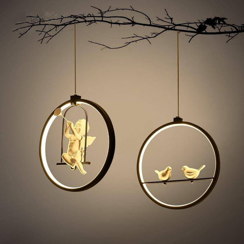 Suspension LED rond avec oiseau (noir ou blanc)