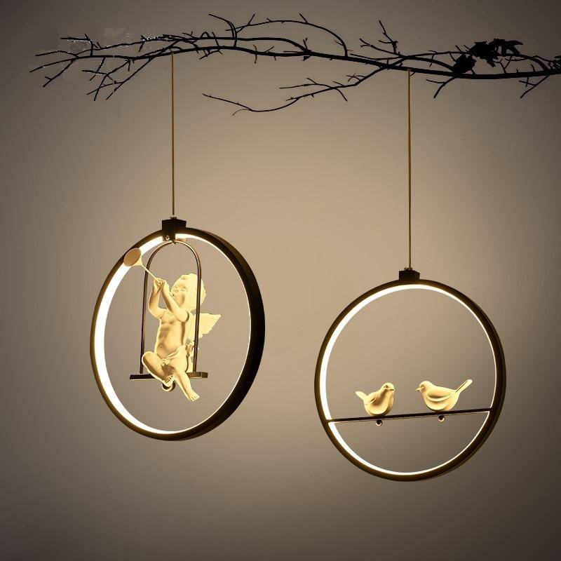 Round LED pendant light with bird (black or white)