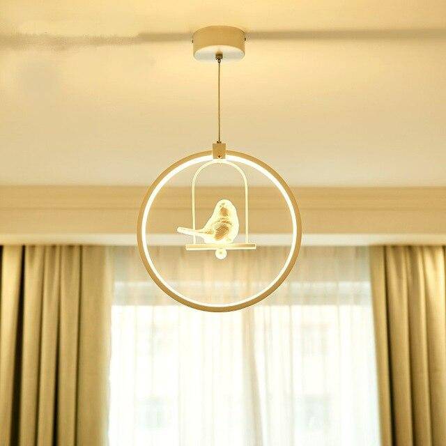 Round LED pendant light with bird (black or white)