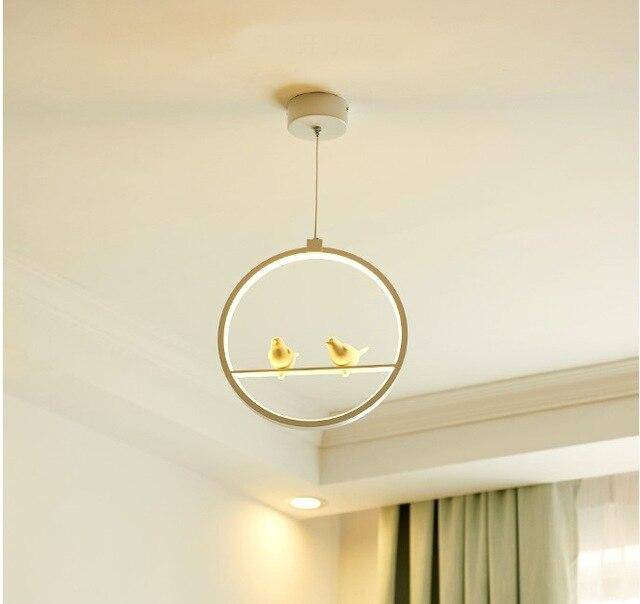 Round LED pendant light with bird (black or white)