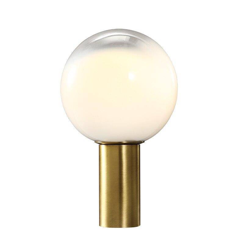 Lámpara de mesa design LED con forma de cilindro dorado y bola de cristal blanco