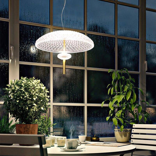 Suspension moderne LED en verre avec abat-jour arrondi et tige dorée - vue 7 sur 7