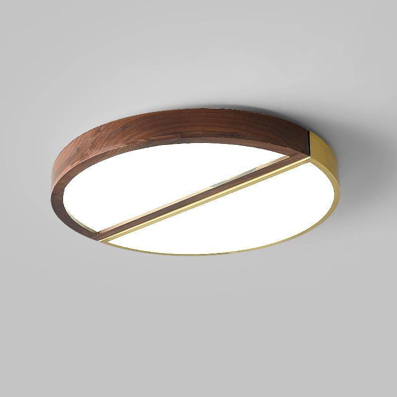 Round LED ceiling lamp in wood and gold metal