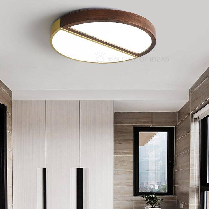 Plafonnier design à LED rond en bois et métal doré - vue 6 sur 7