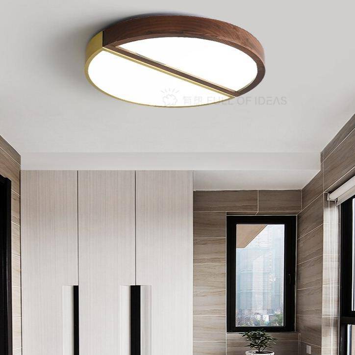 Round LED ceiling lamp in wood and gold metal
