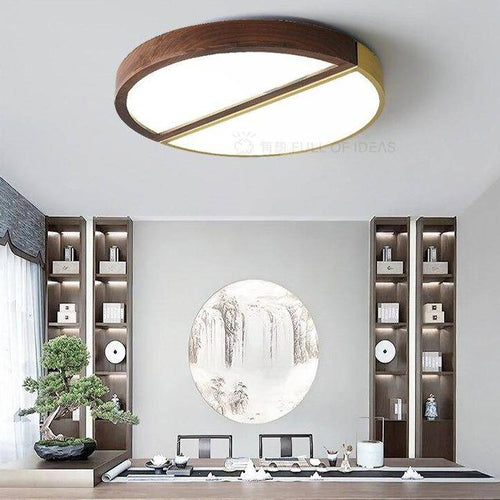 Round LED ceiling lamp in wood and gold metal