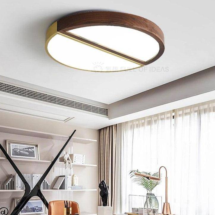 Round LED ceiling lamp in wood and gold metal