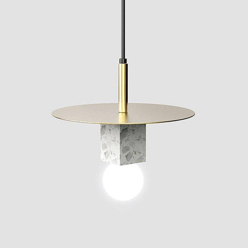 Suspension design LED avec cube en marbre et disque doré - vue 6 sur 11