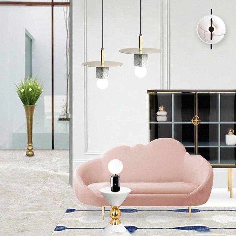 Suspension design LED avec cube en marbre et disque doré - vue 8 sur 11