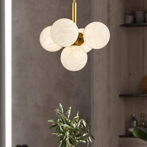 Suspension design LED dorée avec boules en marbre - vue 4 sur 5