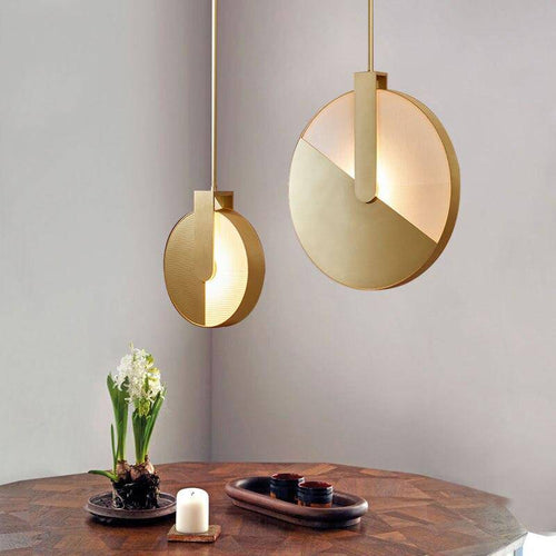 pendant light LED design with minimalist gold metal disc