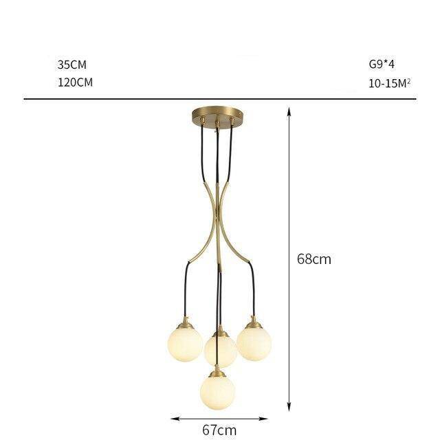 Lámpara de suspensión design LED con varias barras de oro y bolas de luz en espiral