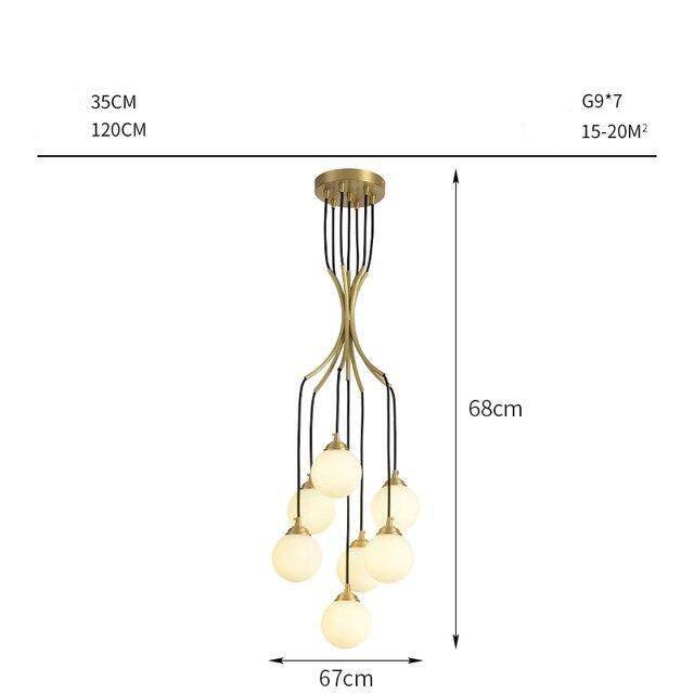 Lámpara de suspensión design LED con varias barras de oro y bolas de luz en espiral