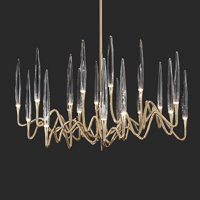 Lustre design LED avec tiges dorées et verre style Hotel