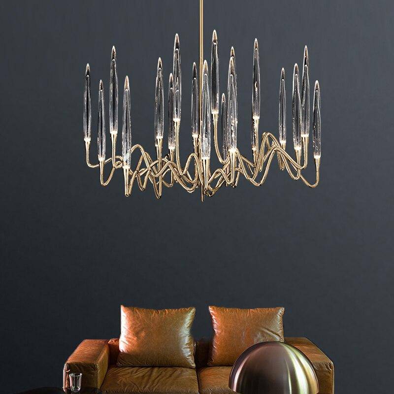 LED design chandelier with golden rods and hotel style glass