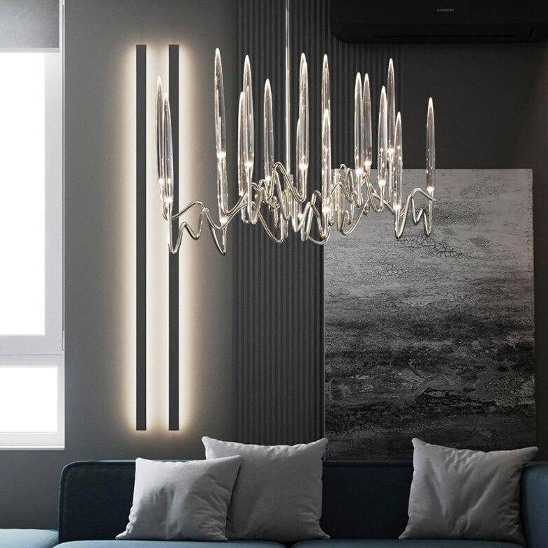 Lustre design LED avec tiges dorées et verre style Hotel