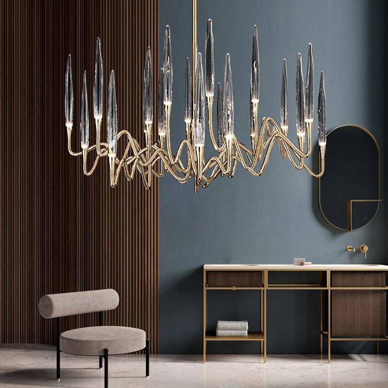 LED design chandelier with golden rods and hotel style glass