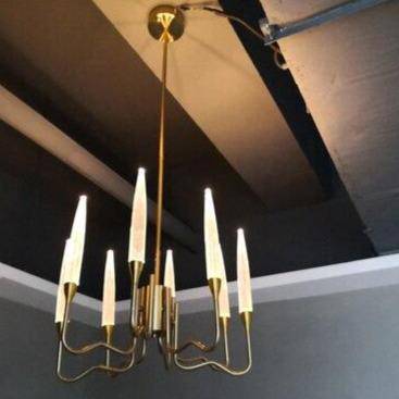 LED design chandelier with golden rods and hotel style glass