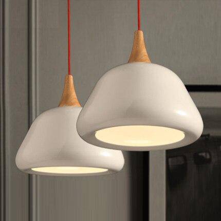 pendant light modern LED with lampshade wood and white metal