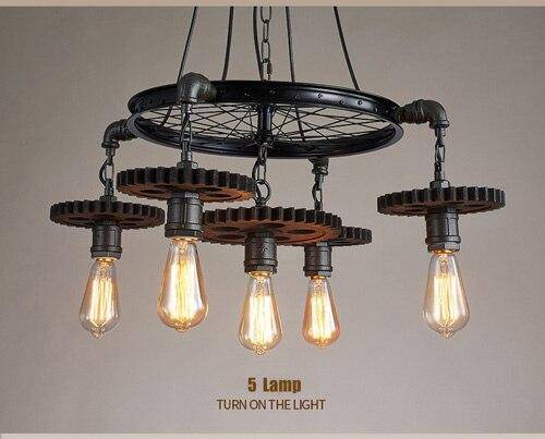 Retro LED chandelier with Edison bulbs and industrial gears