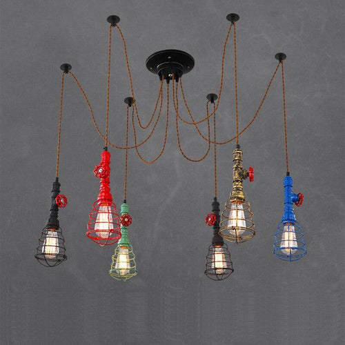 Lustre industriel LED avec plusieurs abat-jours cage en métal coloré