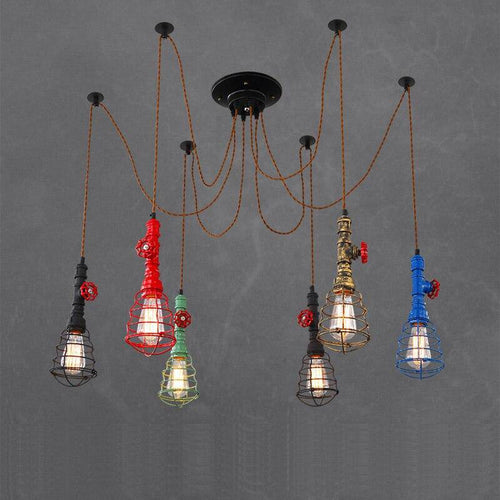 Industrial LED chandelier with several coloured metal cage shades