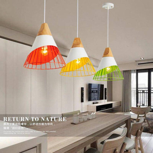 pendant light wooden cone and colored aluminum cage