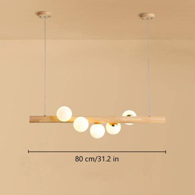 Wooden LED chandelier with several spheres in Scandinavian style