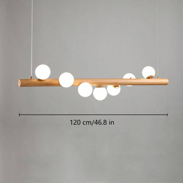 Wooden LED chandelier with several spheres in Scandinavian style