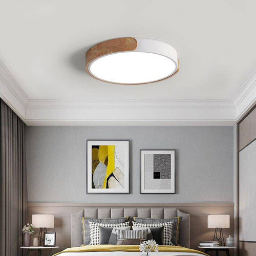 Lámpara de techo LED redonda de metal y madera redondeada Macaron