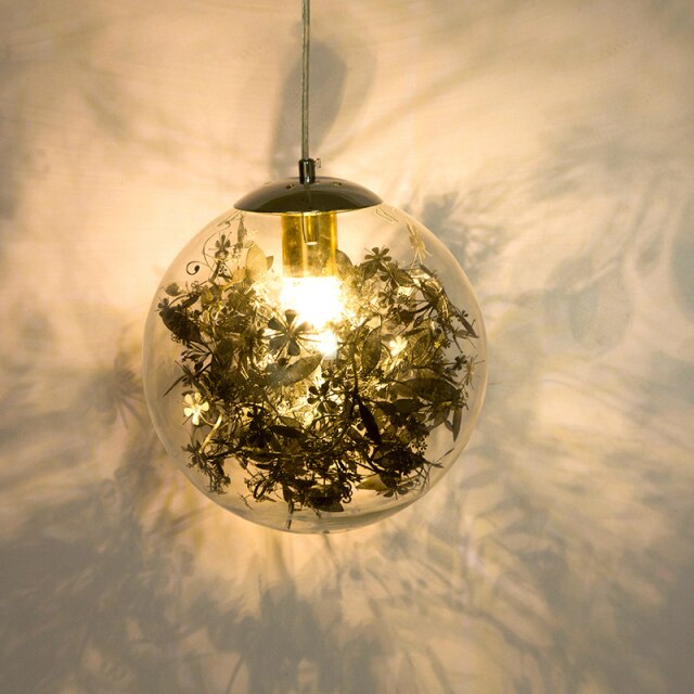 Suspension design LED boule en verre avec feuilles chromées intérieur