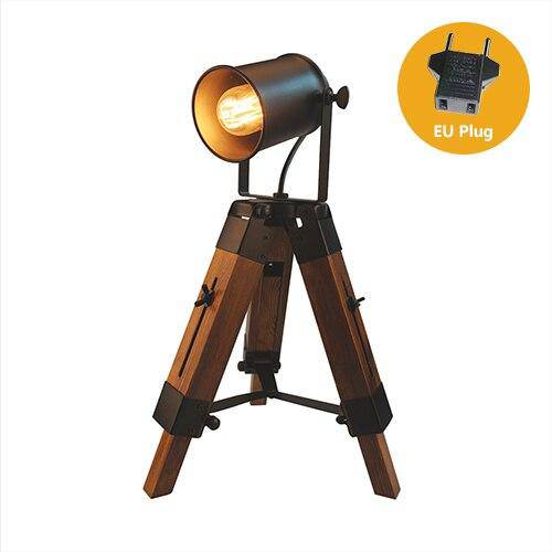 Retro tripod LED table lamp in wood and lampshade Country