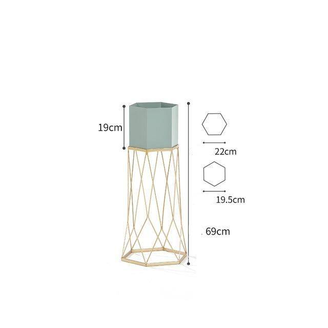 Pedestal sobre soporte alto design en metal con maceta geométrica