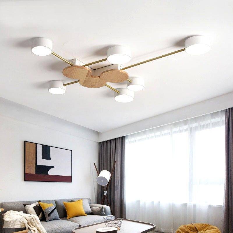 Lámpara de techo LED design en metal y madera con varias lámparas redondas Aibiou