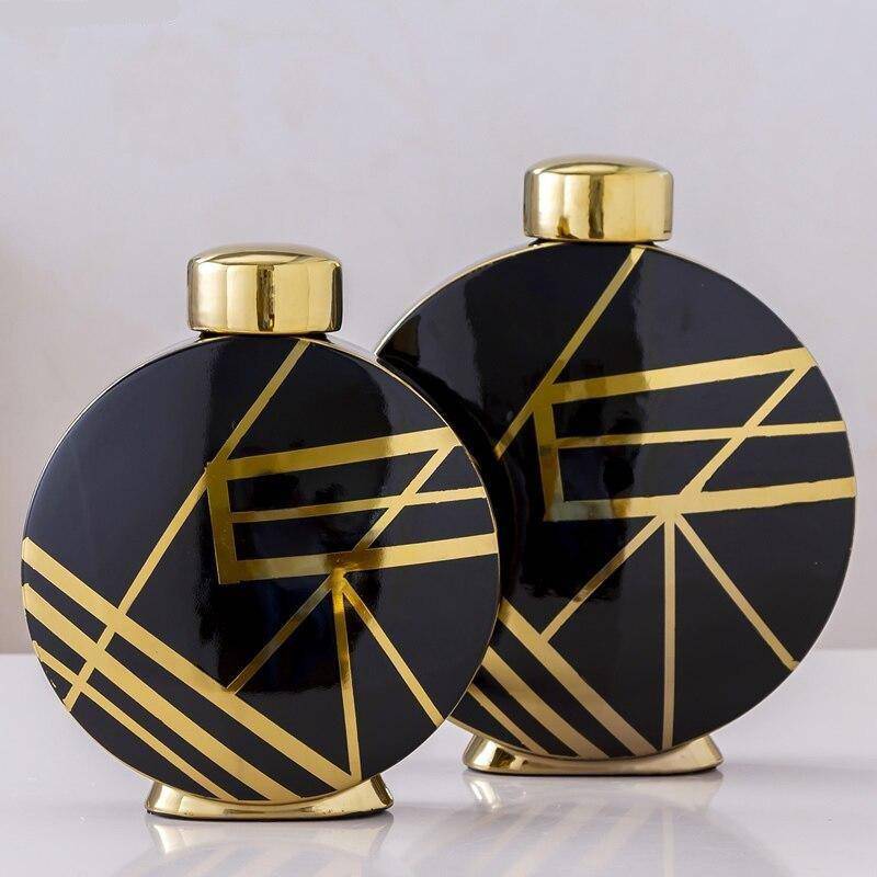 Vase design noir aux motifs géométriques abstraits dorés Luxury