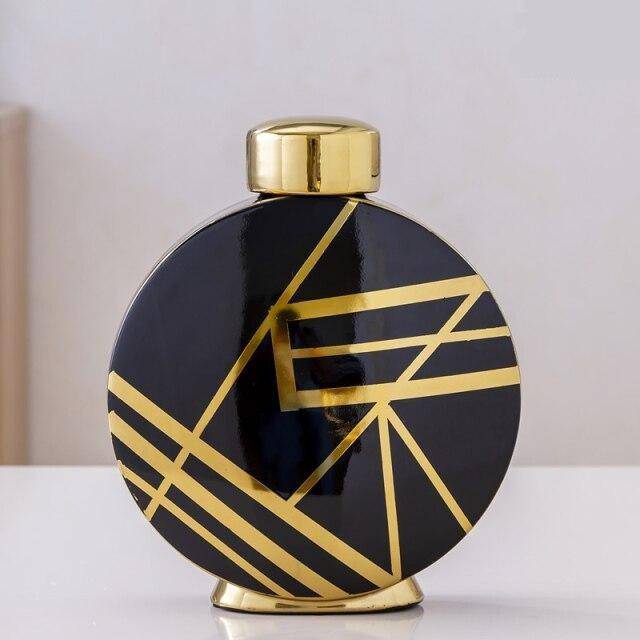 Black design vase with gold abstract geometric pattern Luxury