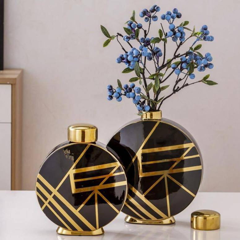 Vase design noir aux motifs géométriques abstraits dorés Luxury - vue 3 sur 9