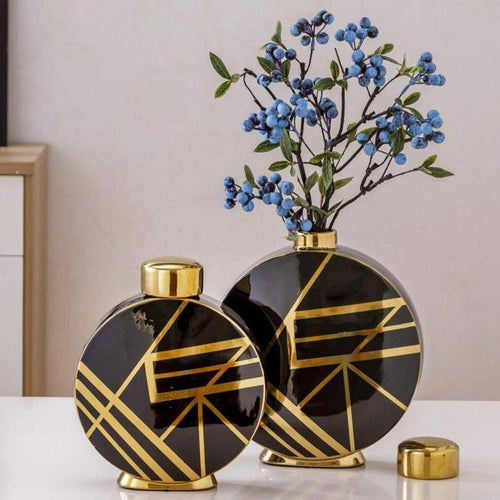 Black design vase with gold abstract geometric pattern Luxury