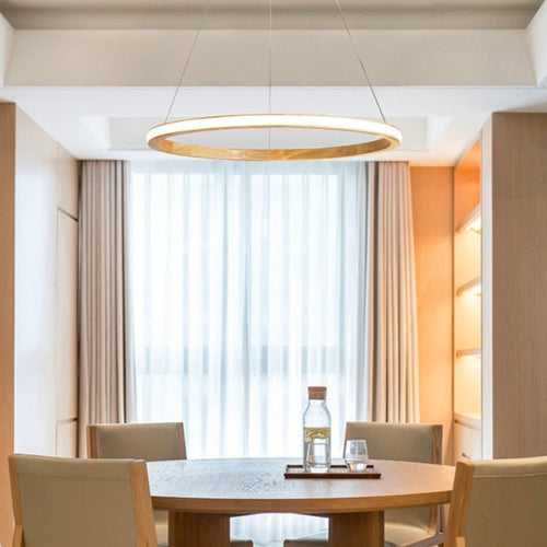 pendant light modern LED with lighted wooden ring Ibarne