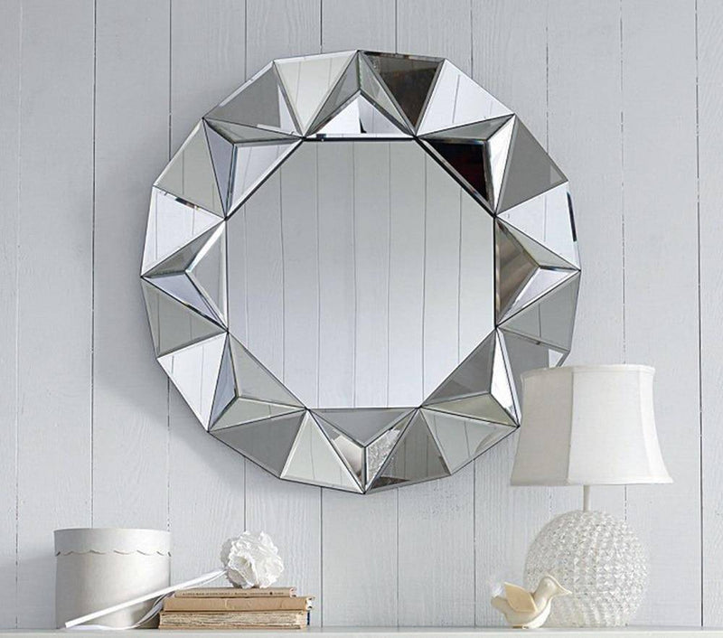 Decorative wall mirror round bevelled triangles