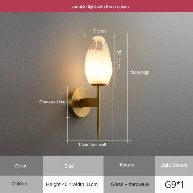 Applique murale design LED dorée avec abat-jour cristal
