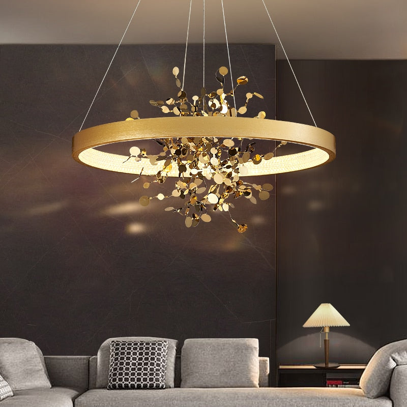 Lustre moderne LED avec anneau et feuilles dorées Bahia