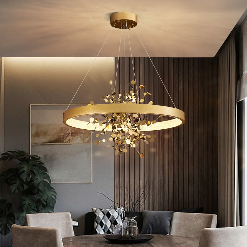 Lustre moderne LED avec anneau et feuilles dorées Bahia