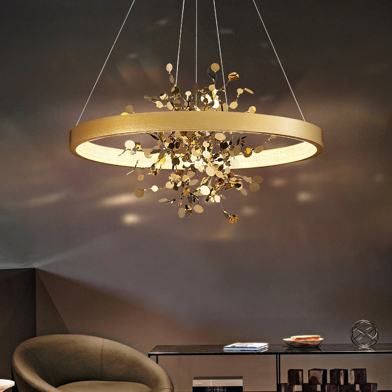 Lustre moderne LED avec anneau et feuilles dorées Bahia